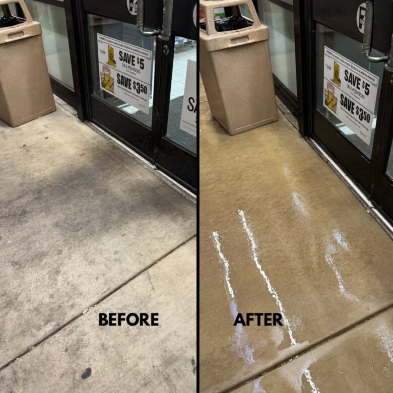 Before and after comparison of a convenience store entry sidewalk after pressure washing