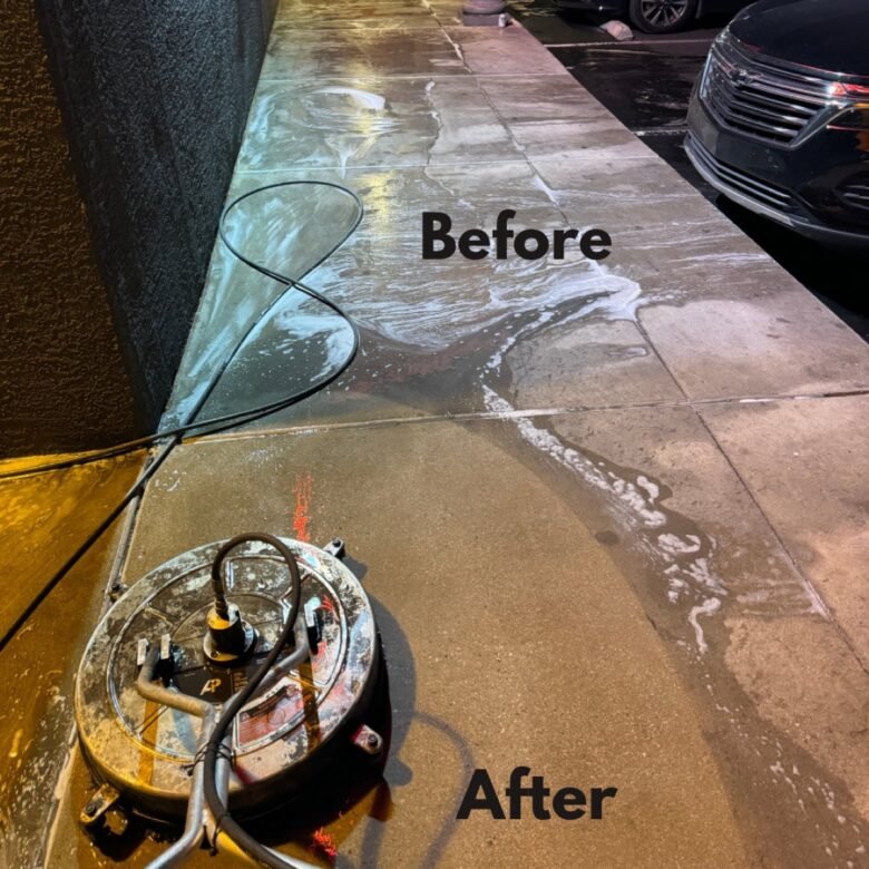 Before and after comparison of gas station sidewalk concrete alongside parking spaces